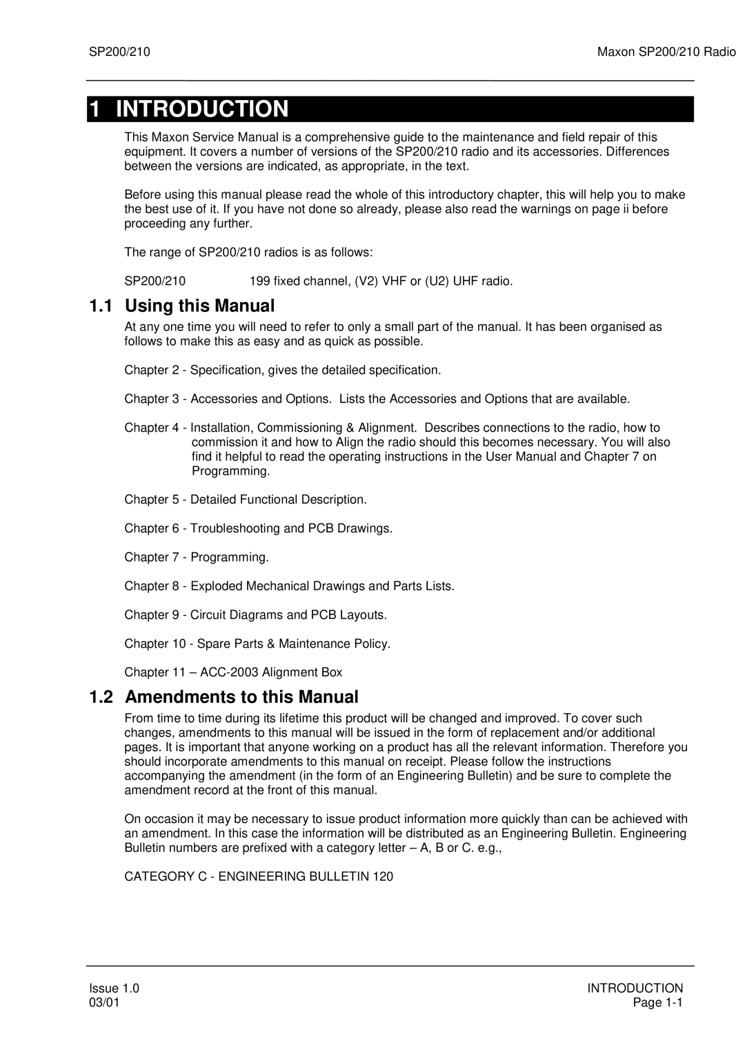 Maxon Telecom SP200, SP210 Introduction, Using this Manual, Amendments to this Manual, Category C Engineering Bulletin 