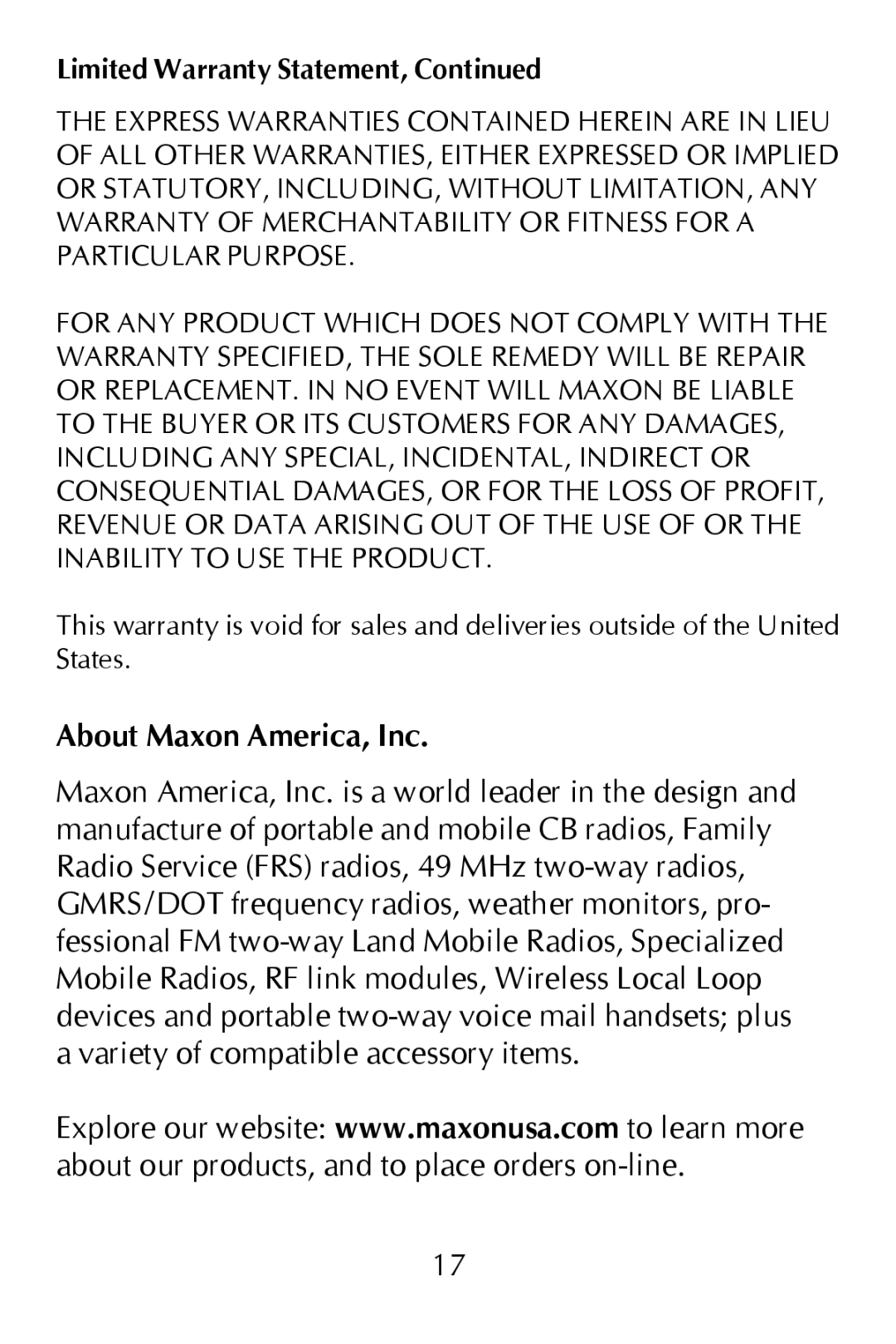 Maxon Telecom GMRS-21X, Synthesized GMRS Two-Way Radio owner manual About Maxon America, Inc 