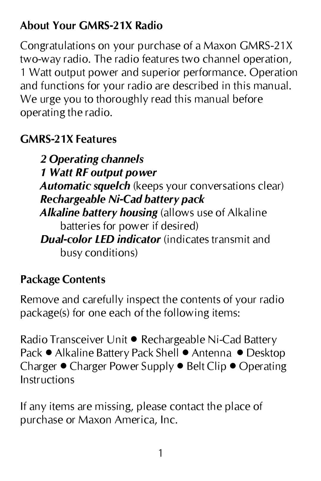 Maxon Telecom Synthesized GMRS Two-Way Radio owner manual About Your GMRS-21X Radio, GMRS-21X Features, Package Contents 