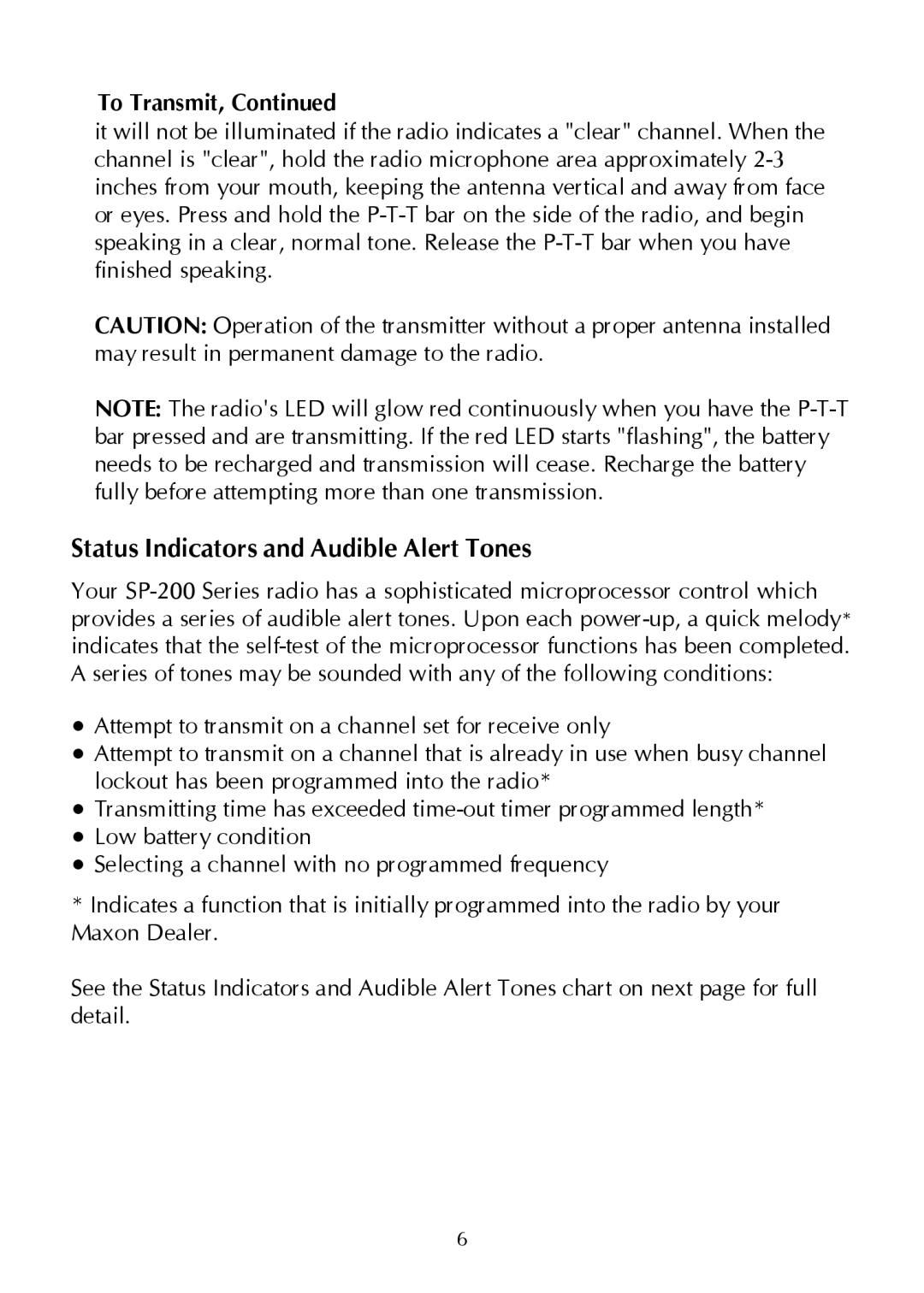 Maxon Telecom Synthesized Scanning Radio, SP-200 Series operating instructions Status Indicators and Audible Alert Tones 