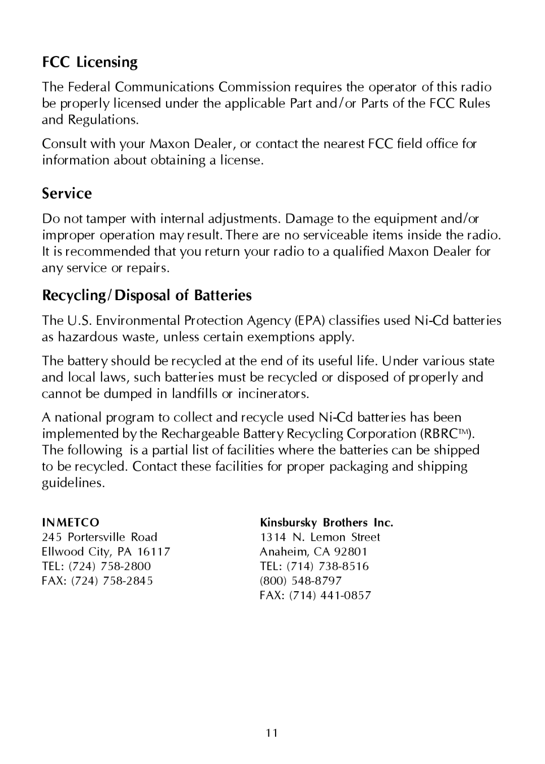 Maxon Telecom SP-200 Series, Synthesized Scanning Radio FCC Licensing, Service, Recycling/ Disposal of Batteries 