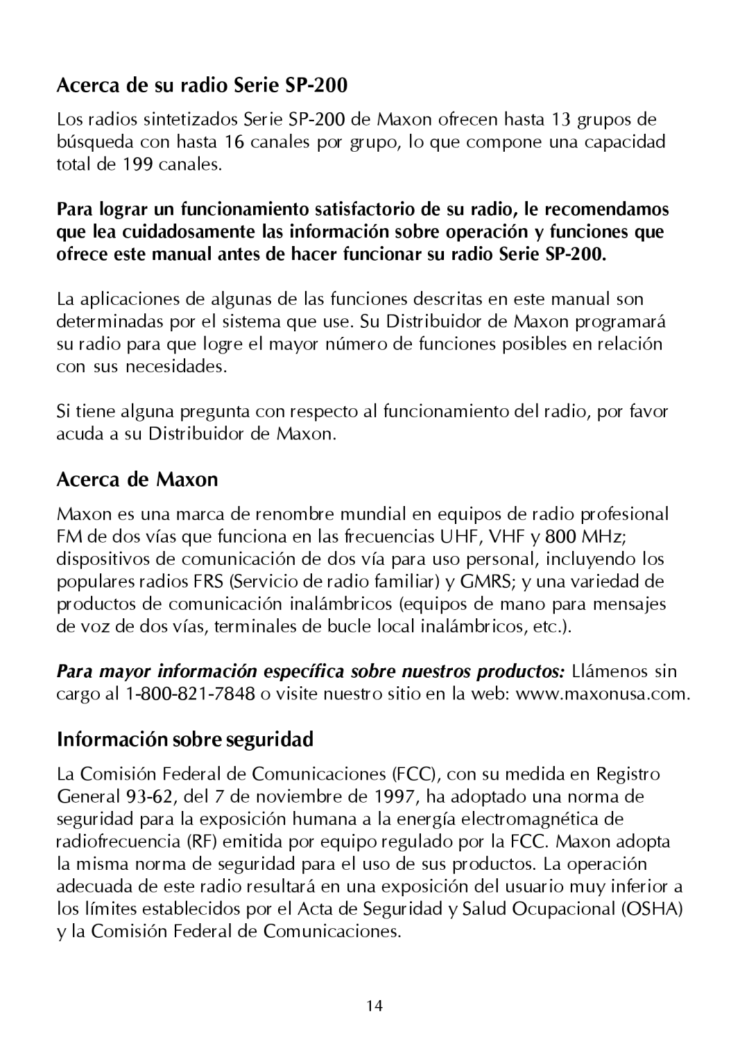 Maxon Telecom Synthesized Scanning Radio Acerca de su radio Serie SP-200, Acerca de Maxon, Información sobre seguridad 