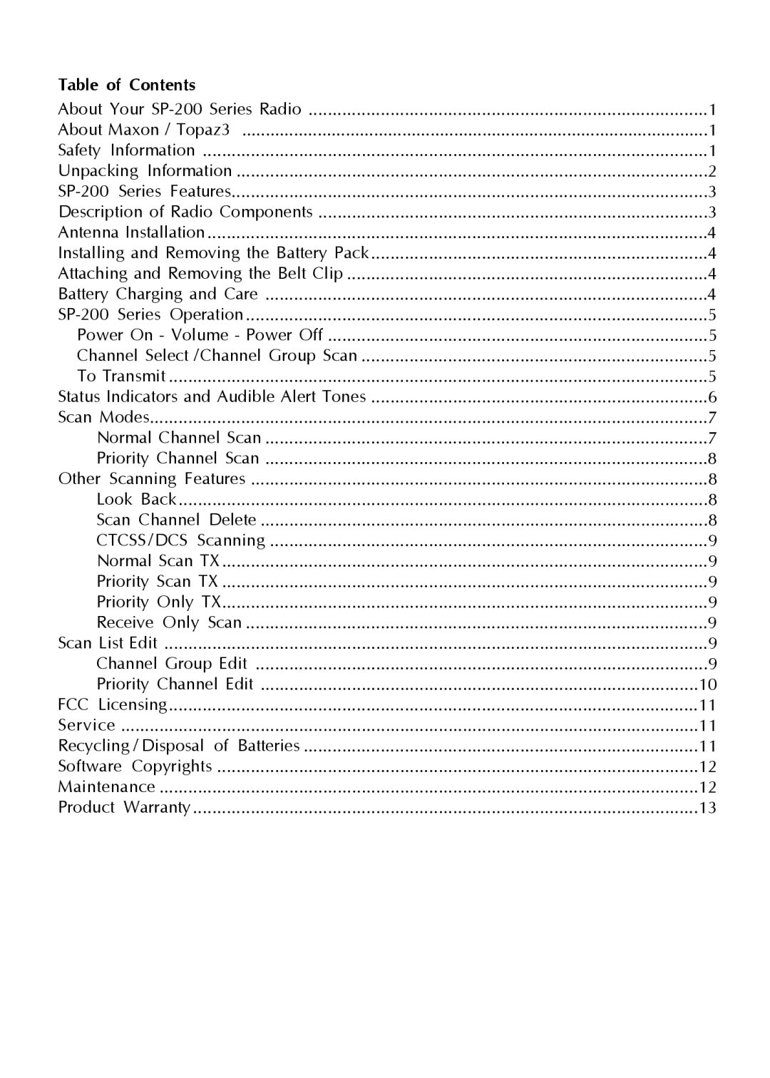 Maxon Telecom SP-200 Series, Synthesized Scanning Radio operating instructions Table of Contents 