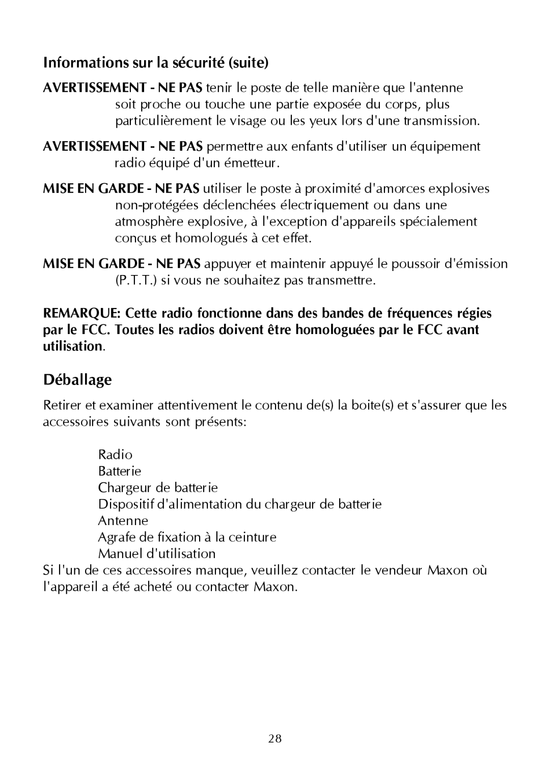 Maxon Telecom Synthesized Scanning Radio, SP-200 Series operating instructions Informations sur la sécurité suite, Déballage 