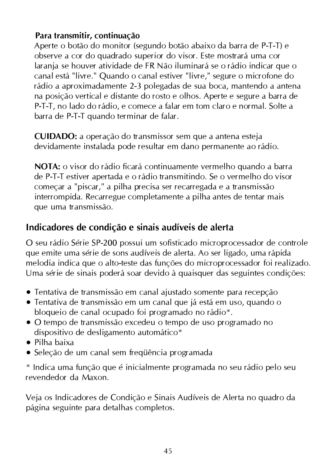 Maxon Telecom SP-200 Series Indicadores de condição e sinais audíveis de alerta, Para transmitir, continuação 