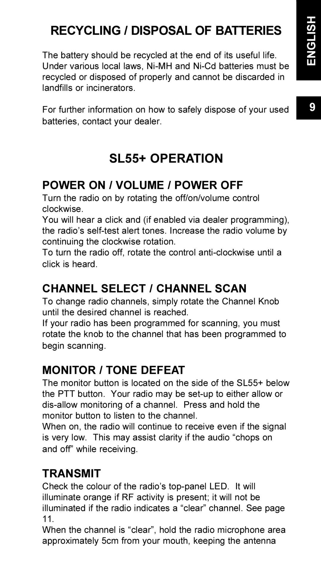 Maxon Telecom UM-SL55 user manual Recycling / Disposal of Batteries, SL55+ Operation 