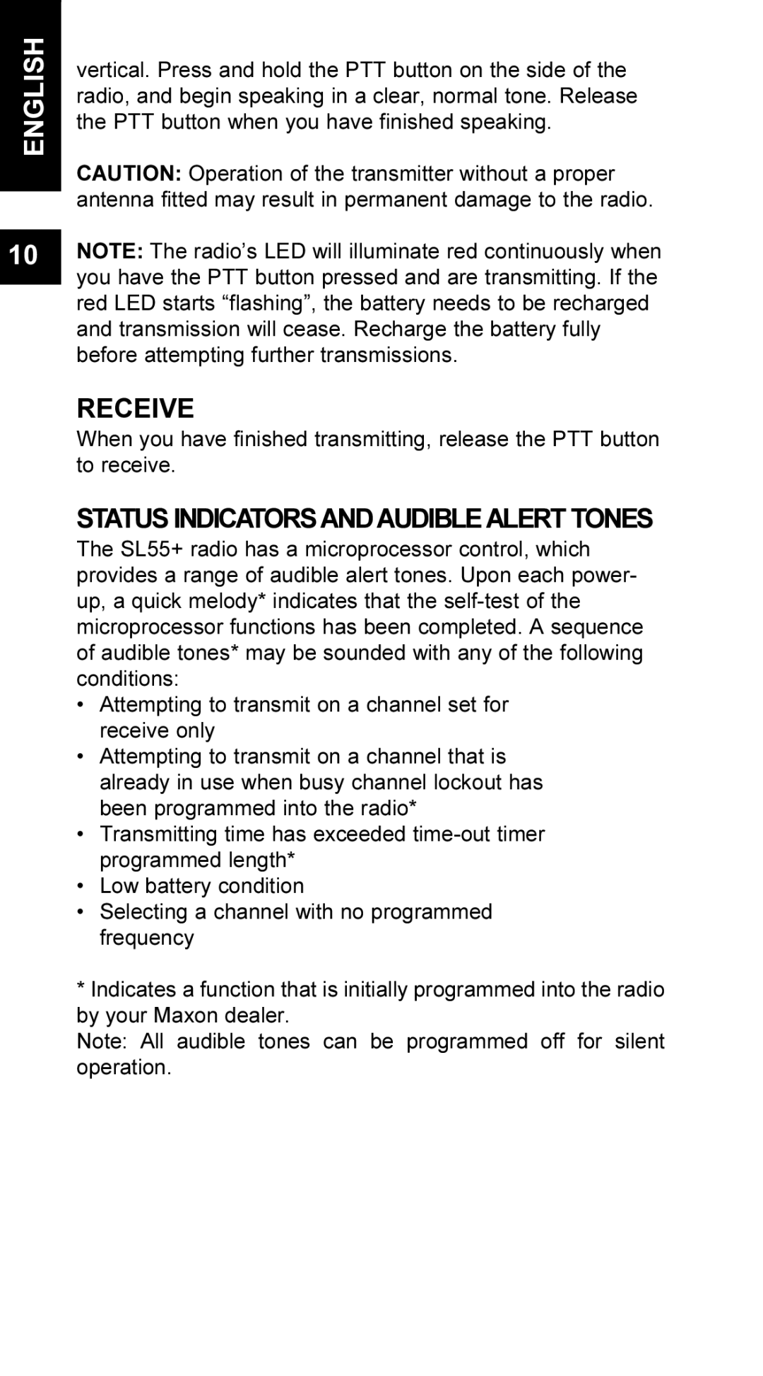 Maxon Telecom UM-SL55 user manual Receive, Status Indicatorsandaudiblealert Tones 