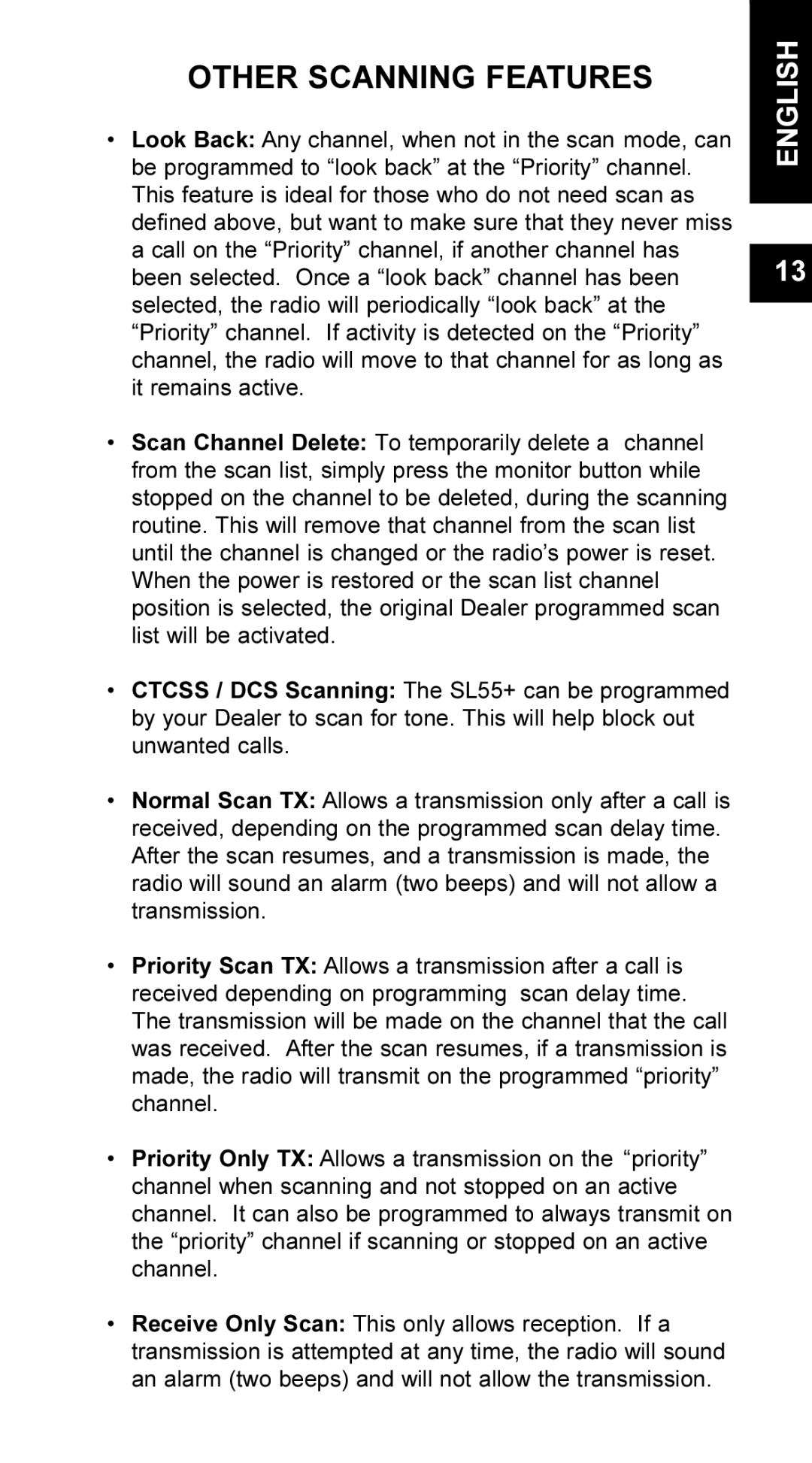 Maxon Telecom UM-SL55 user manual Other Scanning Features 