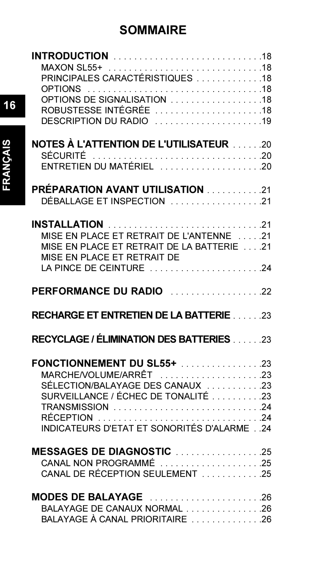 Maxon Telecom UM-SL55 user manual Sommaire, Indicateurs Detat ET Sonorités Dalarme 