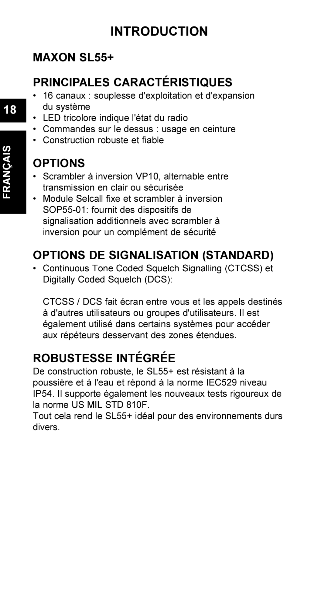 Maxon Telecom UM-SL55 Maxon SL55+ Principales Caractéristiques, Options DE Signalisation Standard, Robustesse Intégrée 