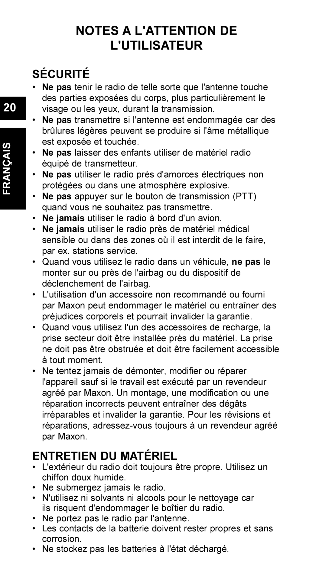 Maxon Telecom UM-SL55 user manual Lutilisateur, Sécurité, Entretien DU Matériel 