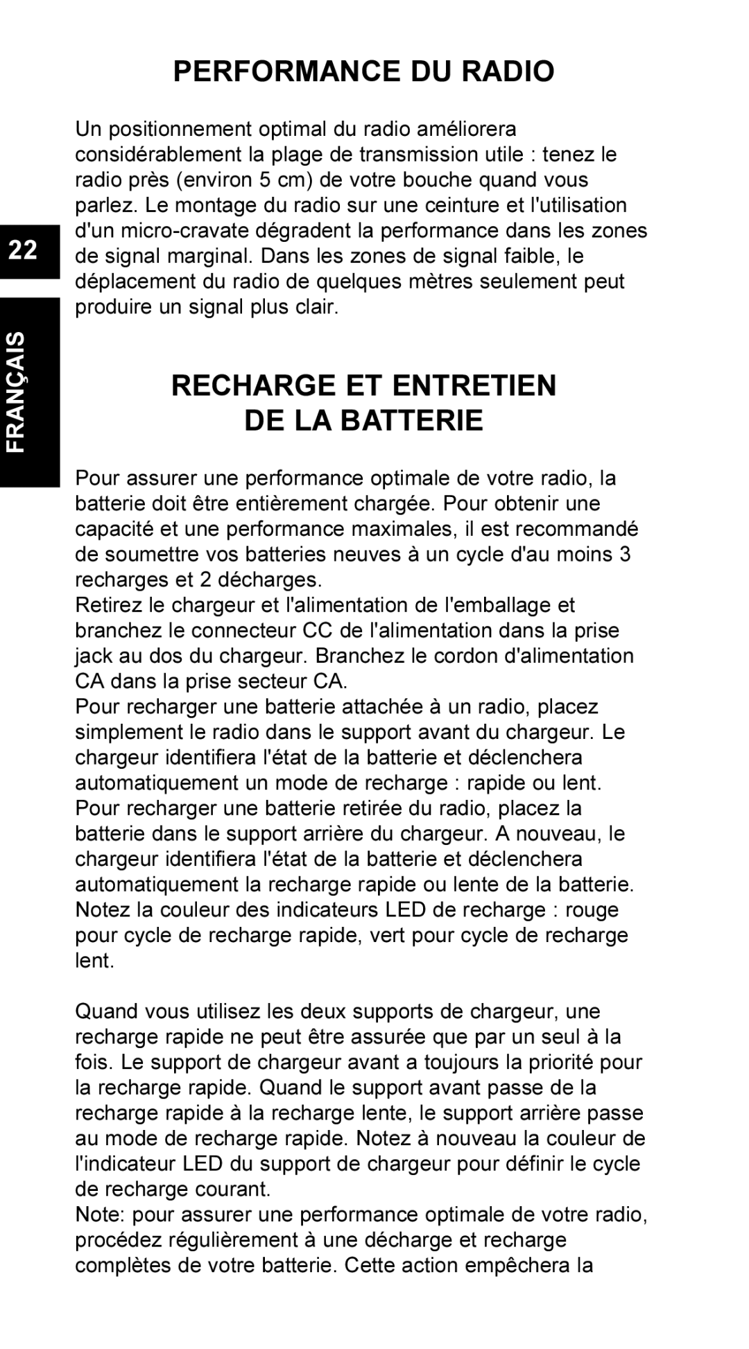 Maxon Telecom UM-SL55 user manual Performance DU Radio, Recharge ET Entretien DE LA Batterie 