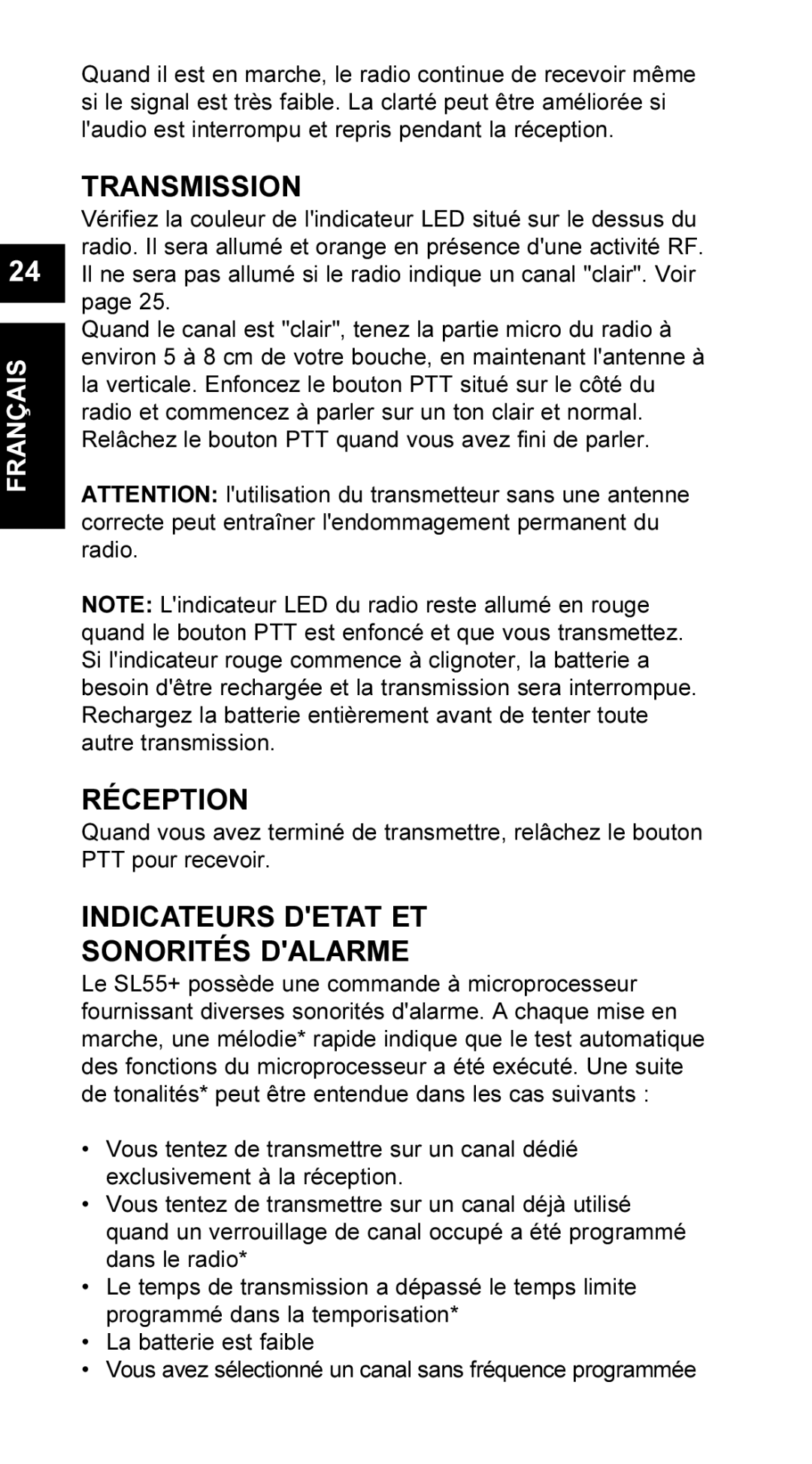 Maxon Telecom UM-SL55 user manual Transmission, Réception, Indicateurs Detat ET Sonorités Dalarme 