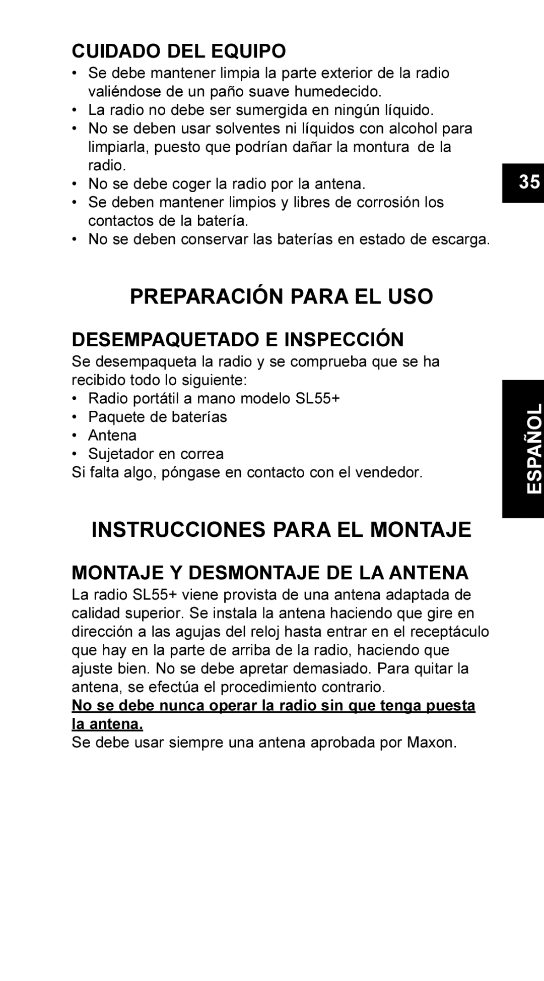 Maxon Telecom UM-SL55 user manual Preparación Para EL USO, Instrucciones Para EL Montaje, Cuidado DEL Equipo 