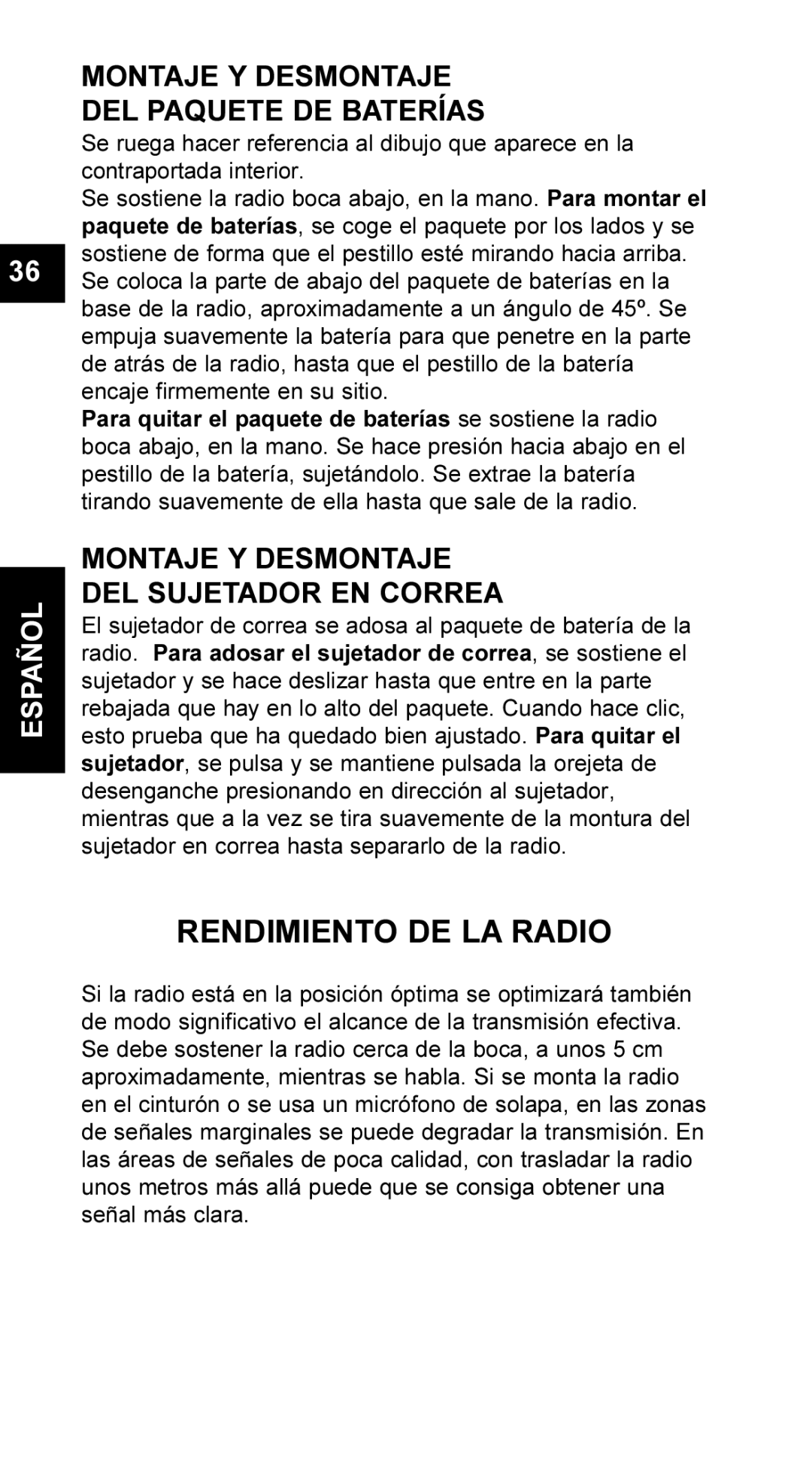 Maxon Telecom UM-SL55 user manual Rendimiento DE LA Radio, Montaje Y Desmontaje DEL Paquete DE Baterías 