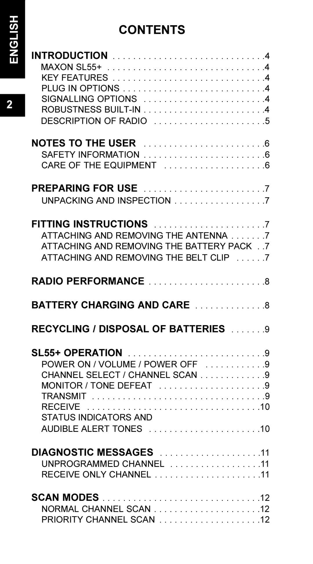 Maxon Telecom UM-SL55 user manual Contents 