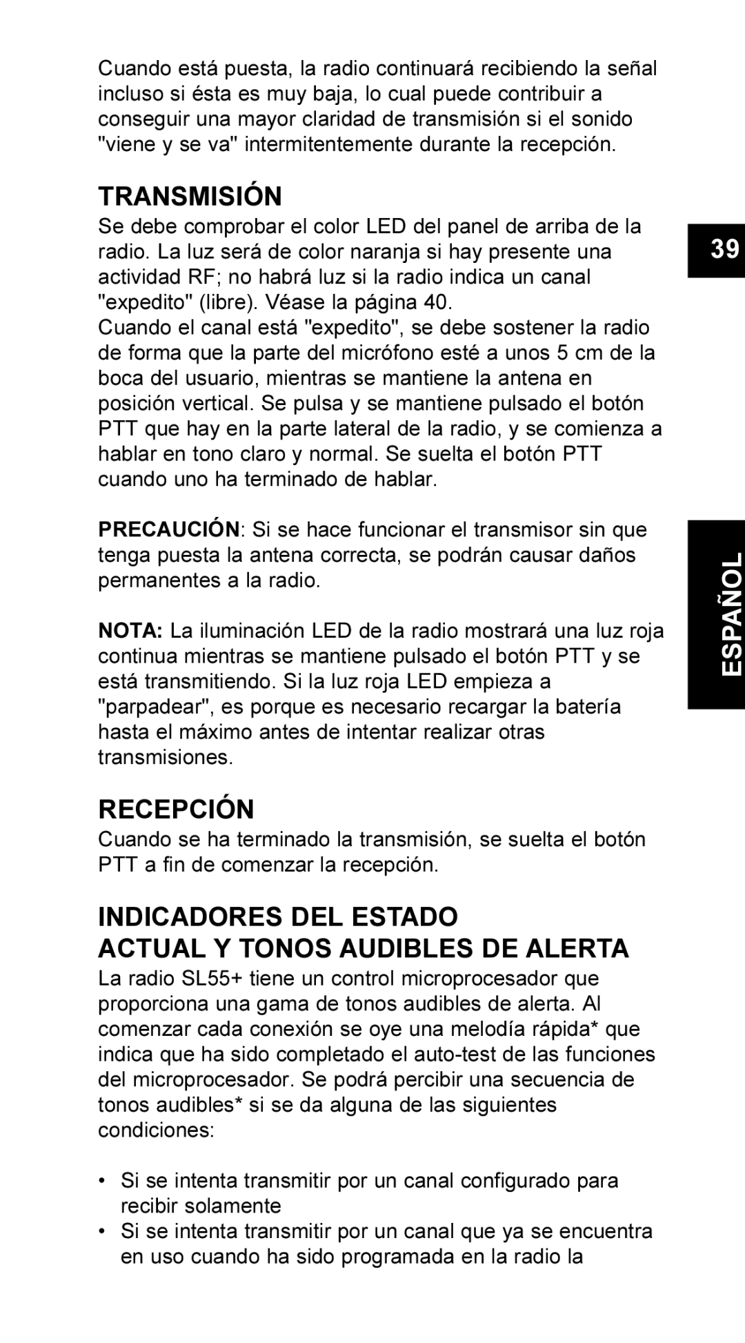 Maxon Telecom UM-SL55 user manual Transmisión, Recepción, Indicadores DEL Estado Actual Y Tonos Audibles DE Alerta 