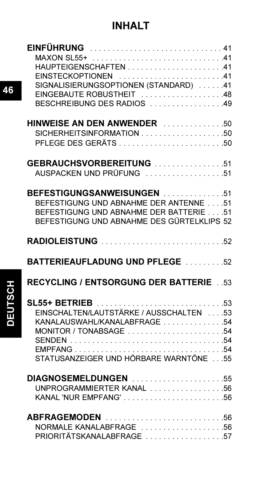 Maxon Telecom UM-SL55 user manual Inhalt, Statusanzeiger UND Hörbare Warntöne 