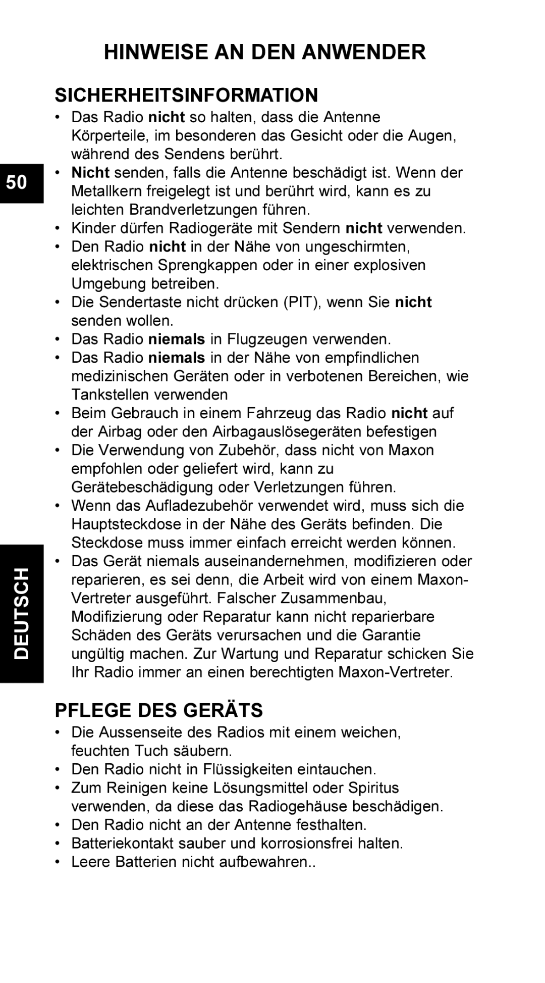 Maxon Telecom UM-SL55 user manual Hinweise AN DEN Anwender, Sicherheitsinformation, Pflege DES Geräts 