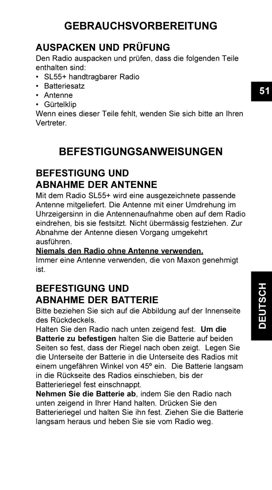 Maxon Telecom UM-SL55 user manual Gebrauchsvorbereitung, Befestigungsanweisungen, Auspacken UND Prüfung 