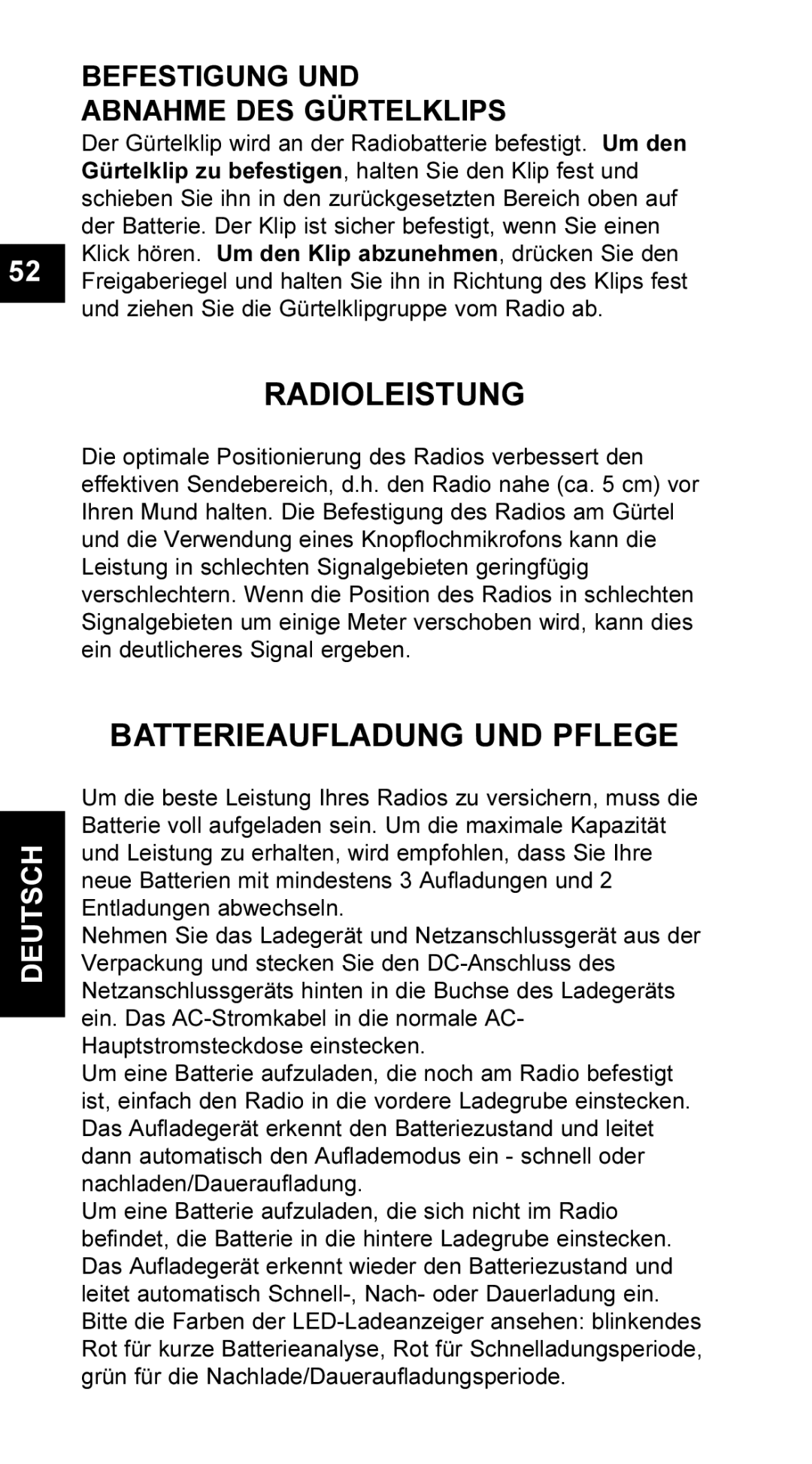 Maxon Telecom UM-SL55 user manual Radioleistung, Batterieaufladung UND Pflege, Befestigung UND Abnahme DES Gürtelklips 