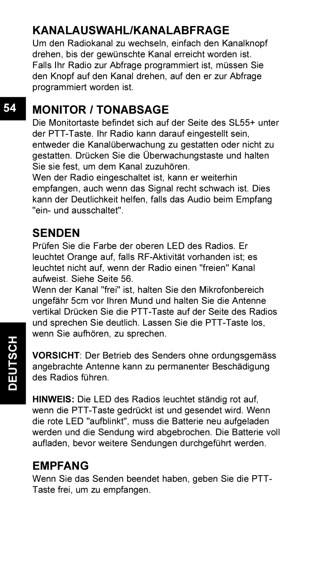 Maxon Telecom UM-SL55 user manual Kanalauswahl/Kanalabfrage, Monitor / Tonabsage, Senden, Empfang 