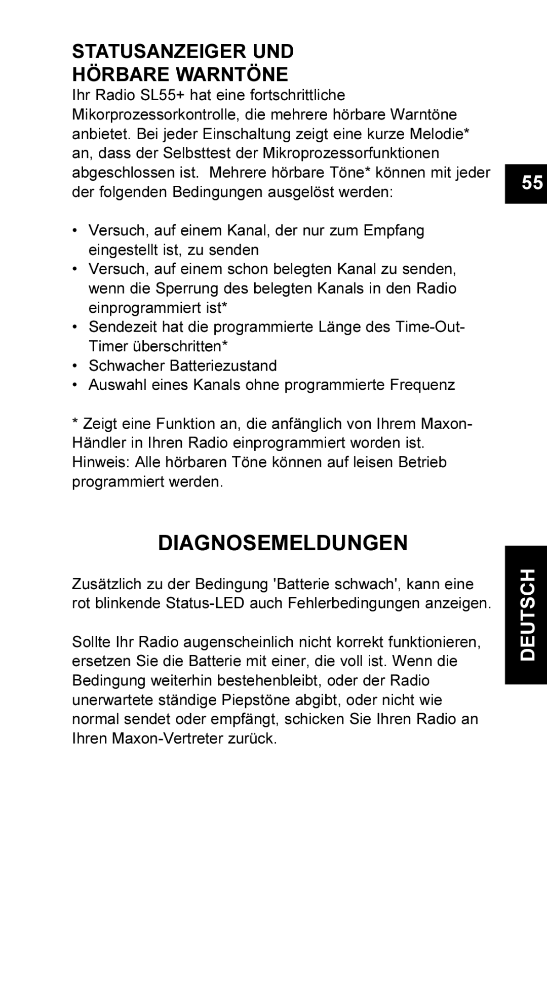 Maxon Telecom UM-SL55 user manual Diagnosemeldungen, Statusanzeiger UND Hörbare Warntöne 