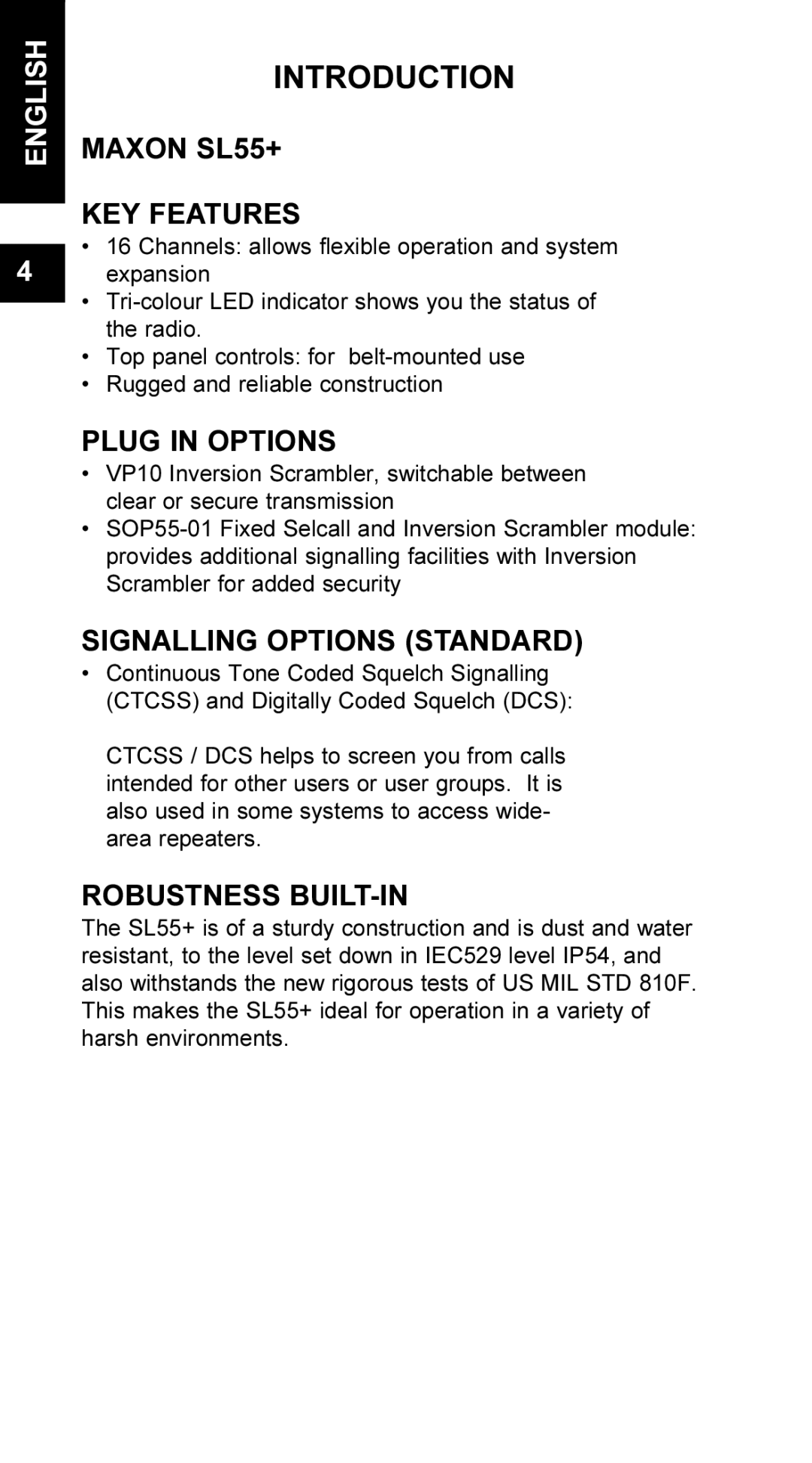 Maxon Telecom UM-SL55 user manual Introduction, Maxon SL55+ KEY Features, Plug in Options, Signalling Options Standard 