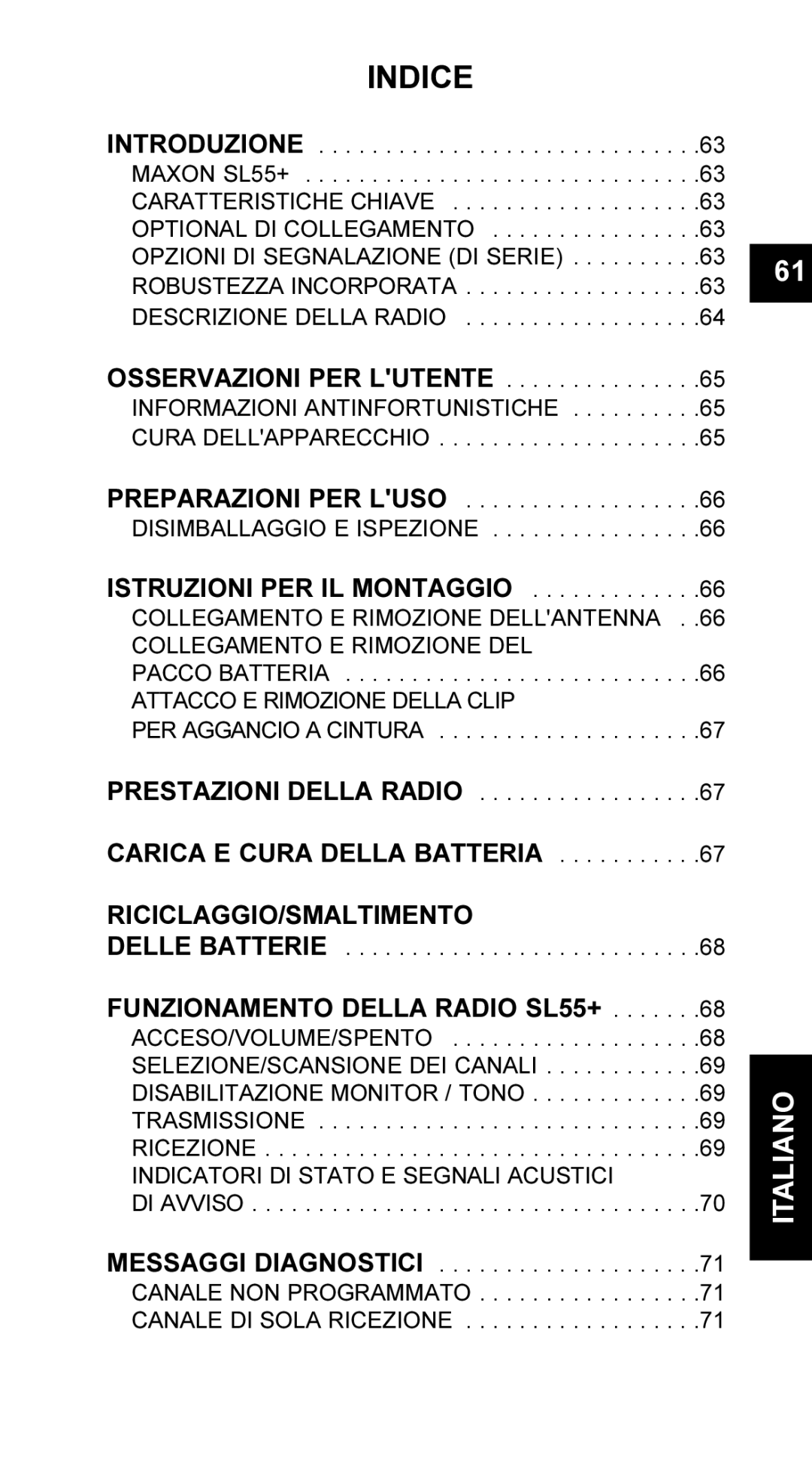 Maxon Telecom UM-SL55 user manual Indice, Istruzioni PER IL Montaggio 