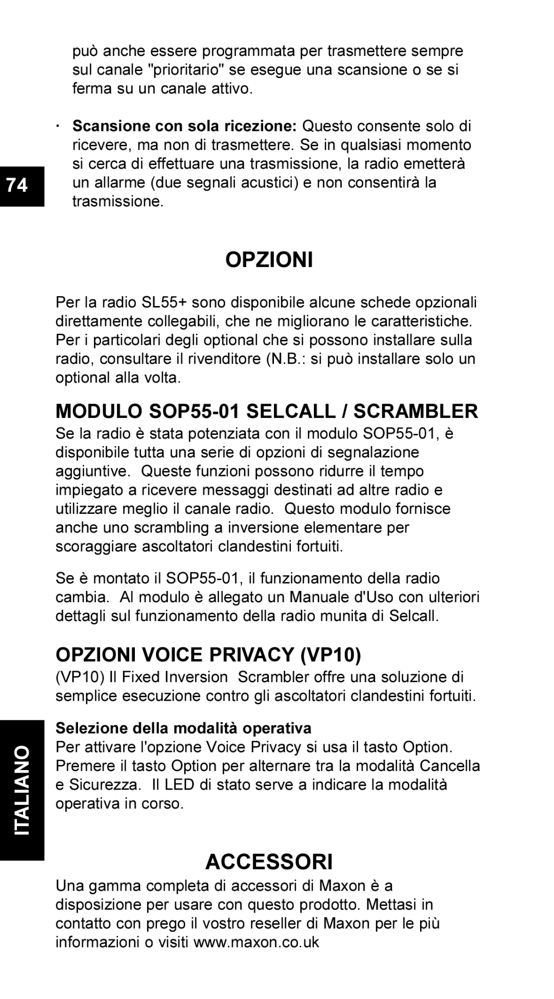 Maxon Telecom UM-SL55 user manual Accessori, Modulo SOP55-01 Selcall / Scrambler, Opzioni Voice Privacy VP10 