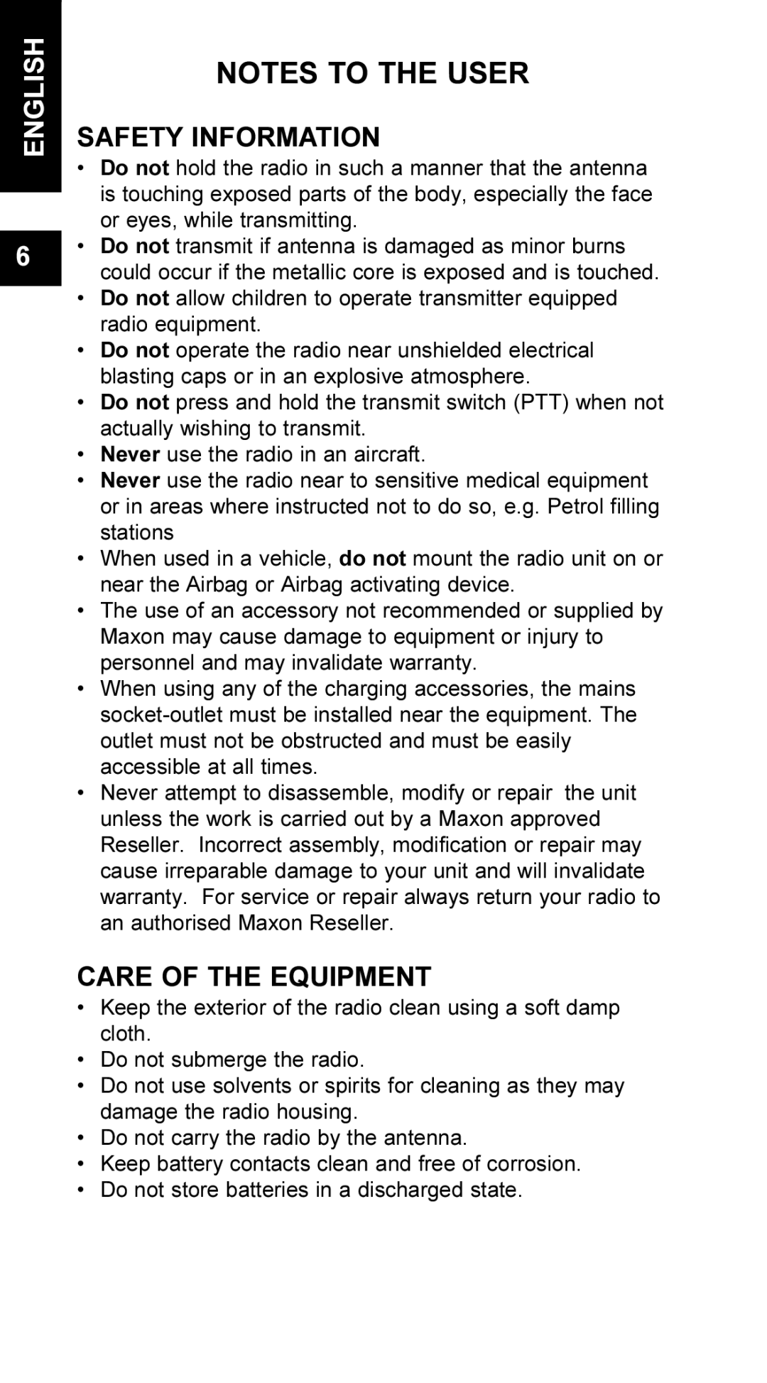 Maxon Telecom UM-SL55 user manual Safety Information, Care of the Equipment 