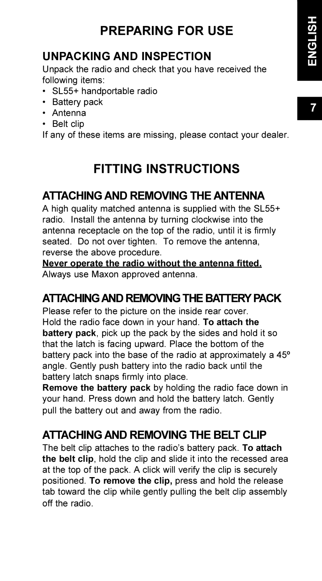 Maxon Telecom UM-SL55 user manual Preparing for USE, Fitting Instructions 