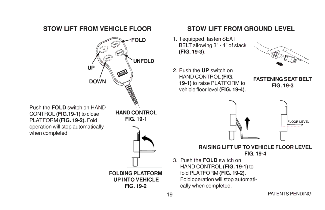 Maxon Telecom WL7 operating instructions Stow Lift from Vehicle Floor Stow Lift from Ground Level 