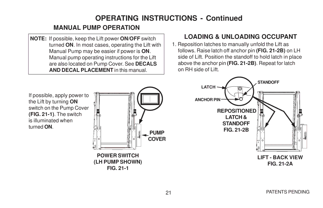 Maxon Telecom WL7 Manual Pump Operation, Loading & Unloading Occupant, Pump Cover Power Switch LH Pump Shown 