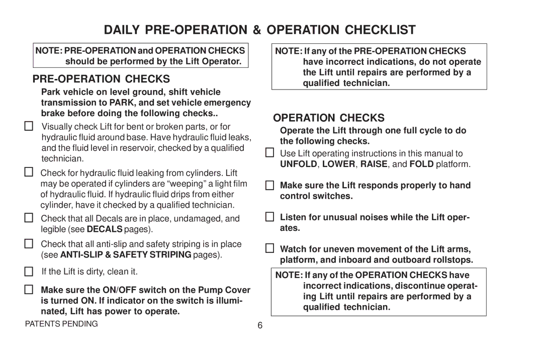 Maxon Telecom WL7 operating instructions Daily PRE-OPERATION & Operation Checklist, PRE-OPERATION Checks, Operation Checks 