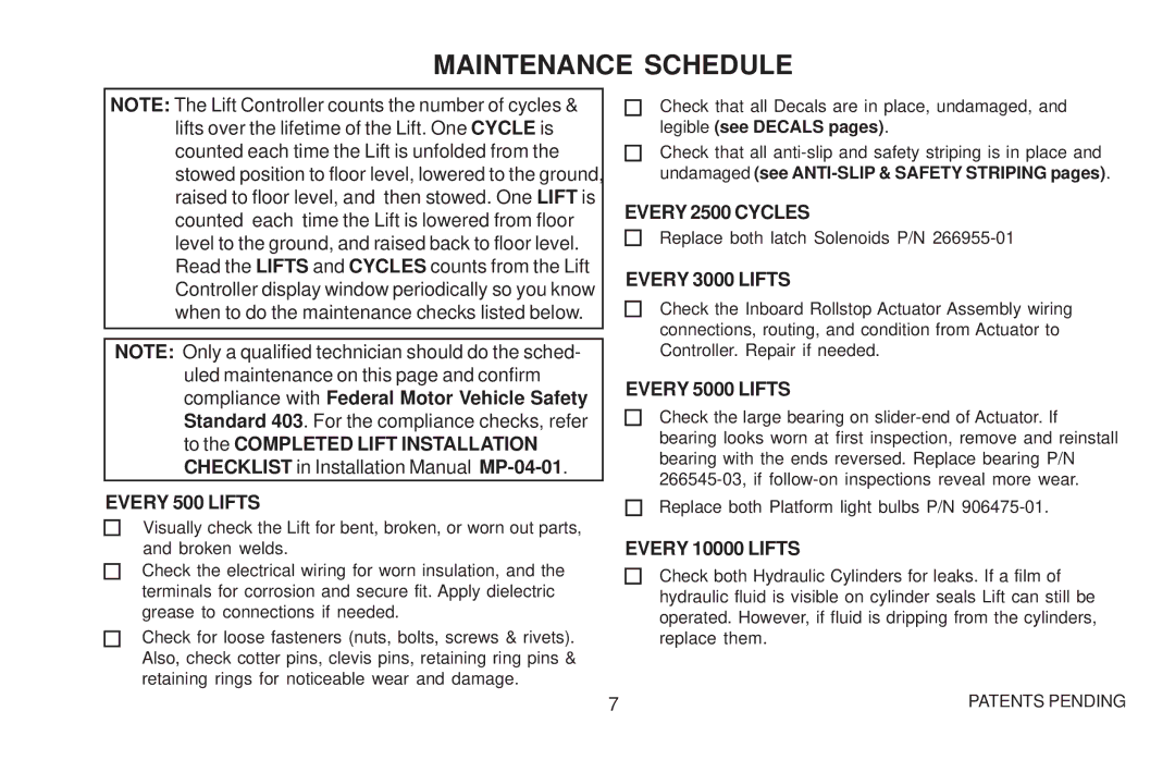 Maxon Telecom WL7 operating instructions Maintenance Schedule 