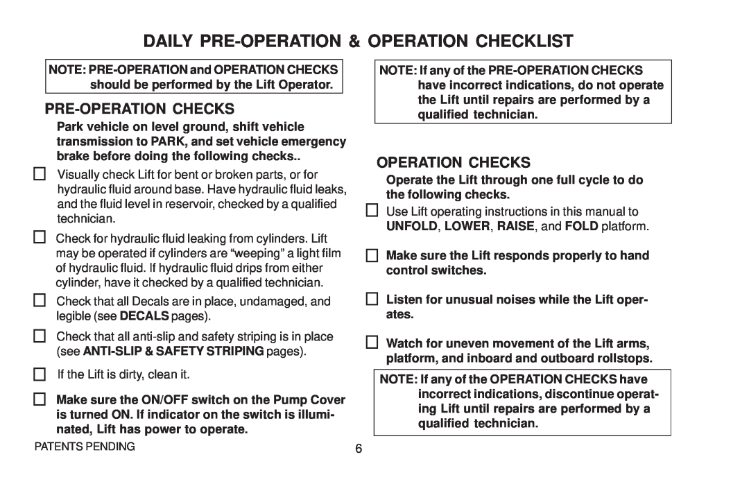 Maxon Telecom WL7 operating instructions Daily Pre-Operation & Operation Checklist, Pre-Operation Checks 