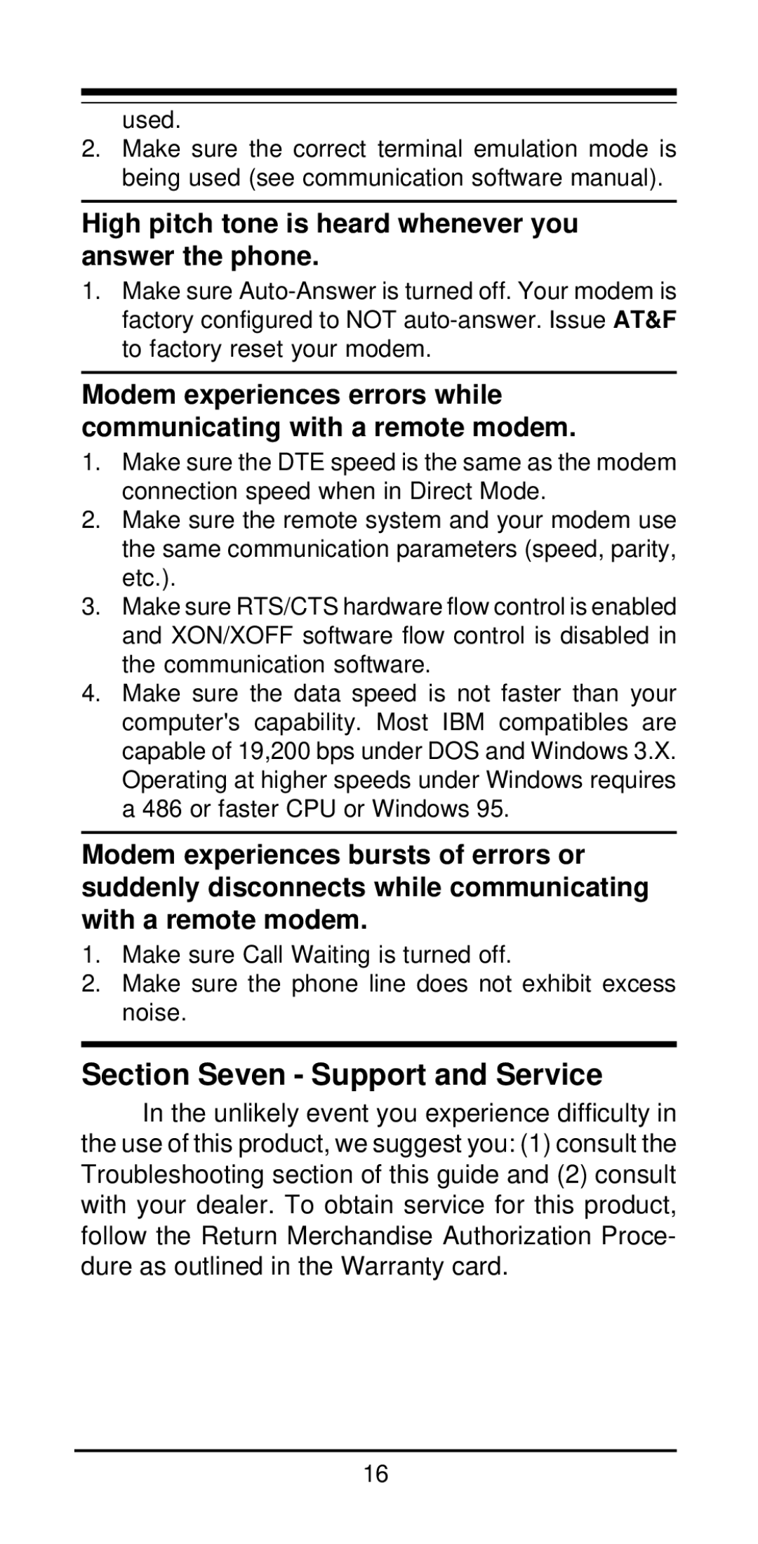 MaxTech 56K BPS, V.34+, K56Plus Section Seven Support and Service, High pitch tone is heard whenever you answer the phone 