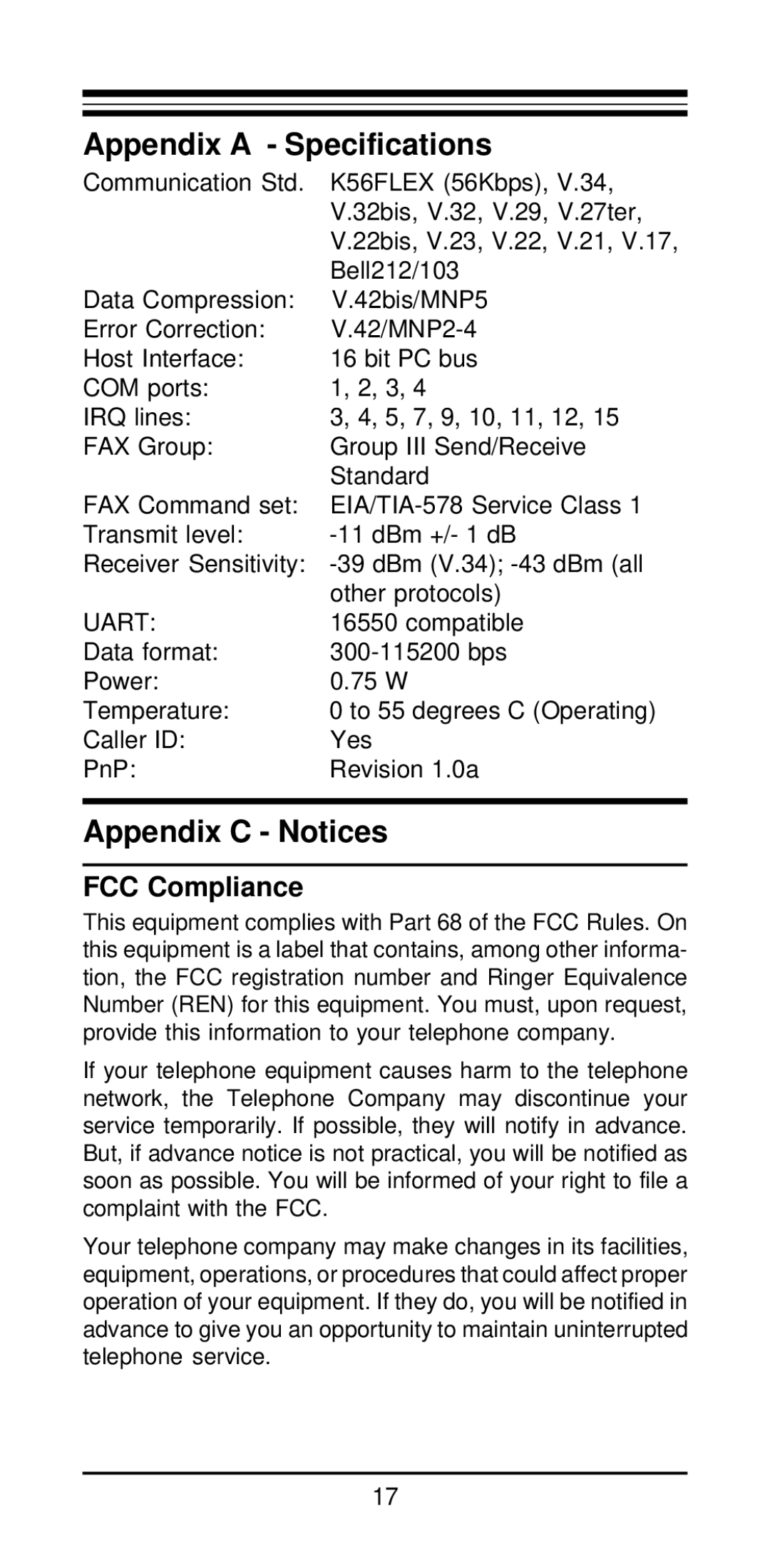 MaxTech V.34+, 56K BPS, K56Plus user manual Appendix a Specifications, Appendix C Notices, FCC Compliance 