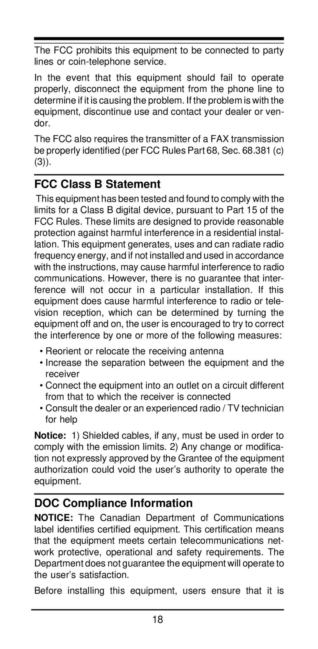 MaxTech K56Plus, 56K BPS, V.34+ user manual FCC Class B Statement, DOC Compliance Information 