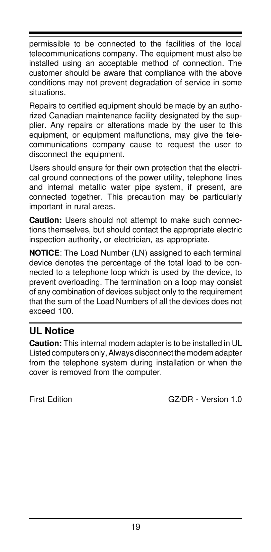 MaxTech 56K BPS, V.34+, K56Plus user manual UL Notice 