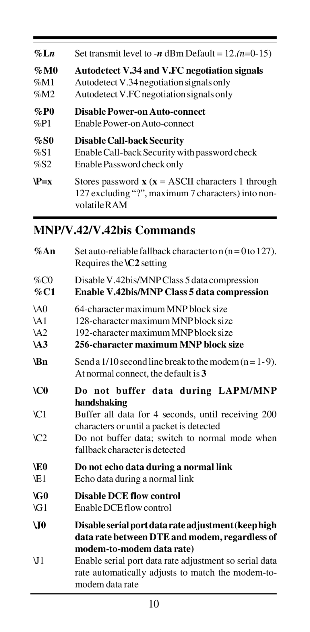 MaxTech 28, 800 user manual MNP/V.42/V.42bis Commands 