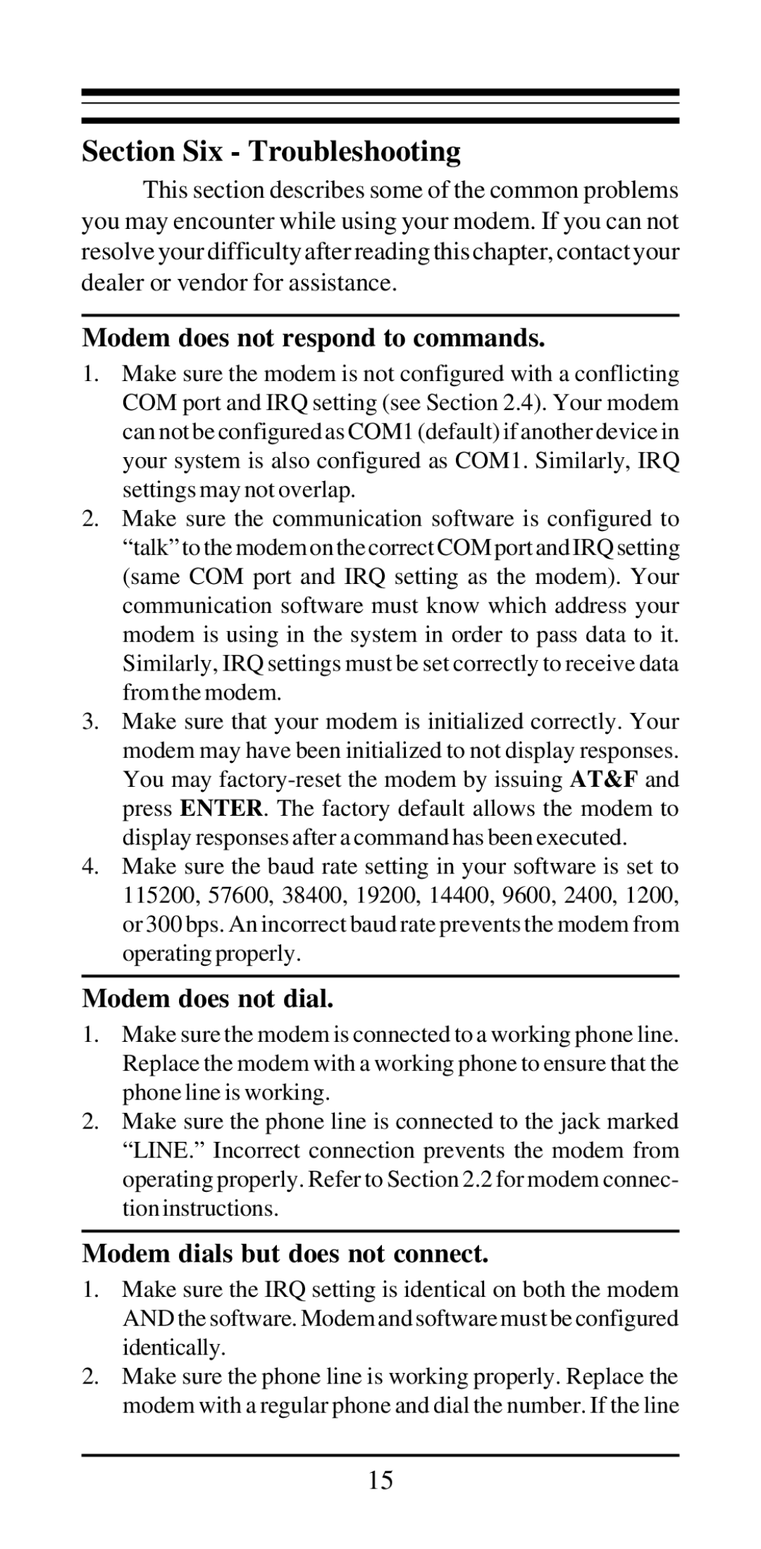 MaxTech 800, 28 user manual Section Six Troubleshooting, Modem does not respond to commands, Modem does not dial 