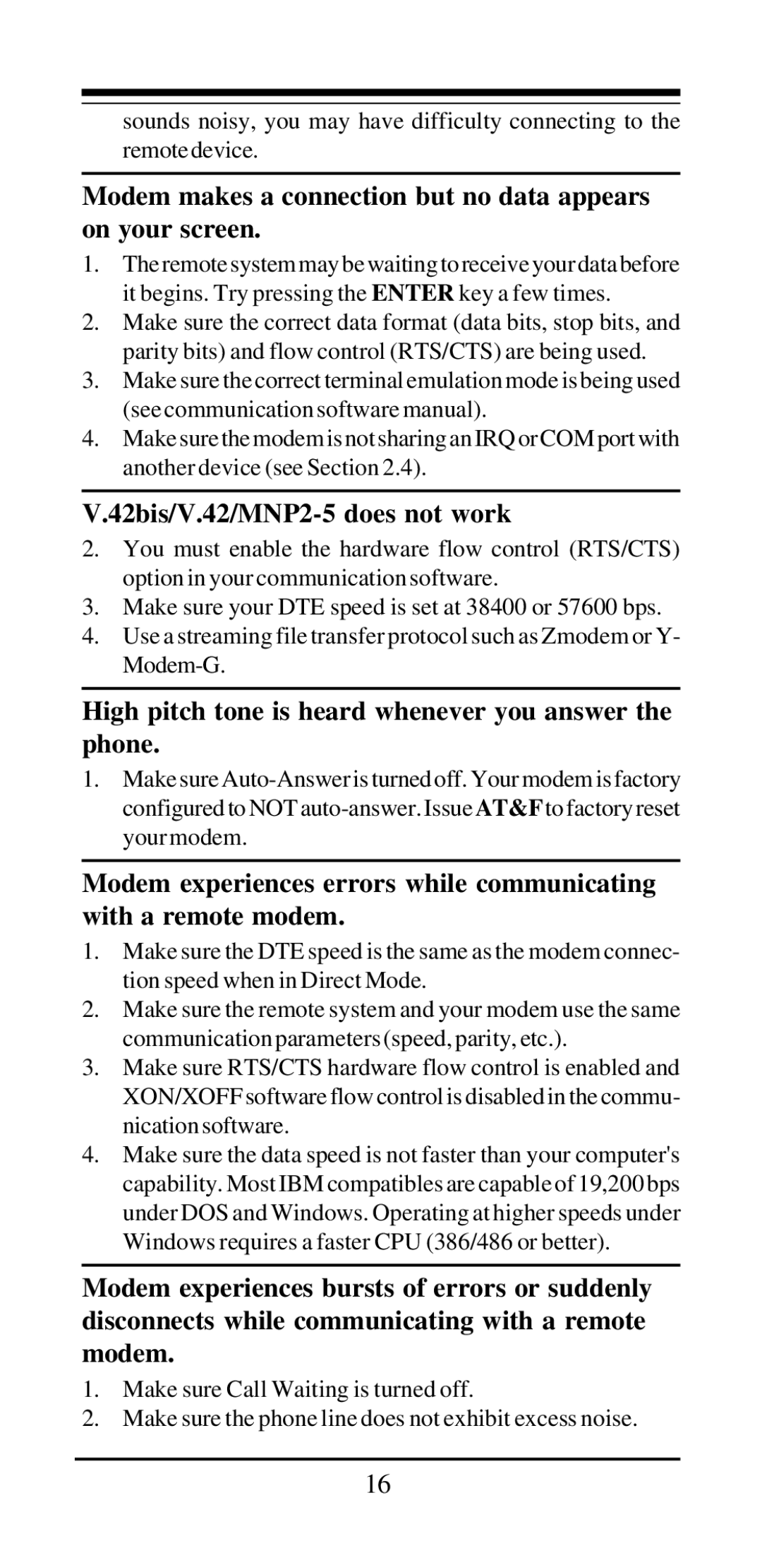 MaxTech 28, 800 user manual Modem makes a connection but no data appears on your screen, 42bis/V.42/MNP2-5 does not work 