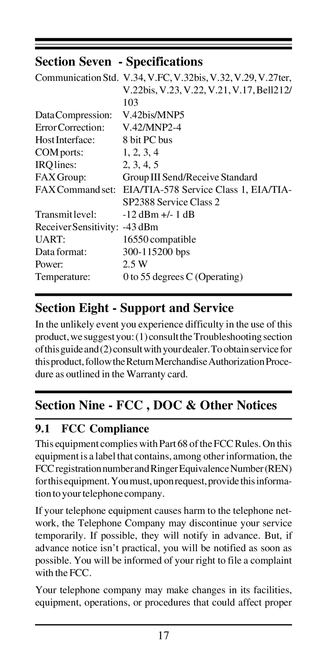 MaxTech 800, 28 user manual Section Eight Support and Service, Section Nine FCC , DOC & Other Notices, FCC Compliance 