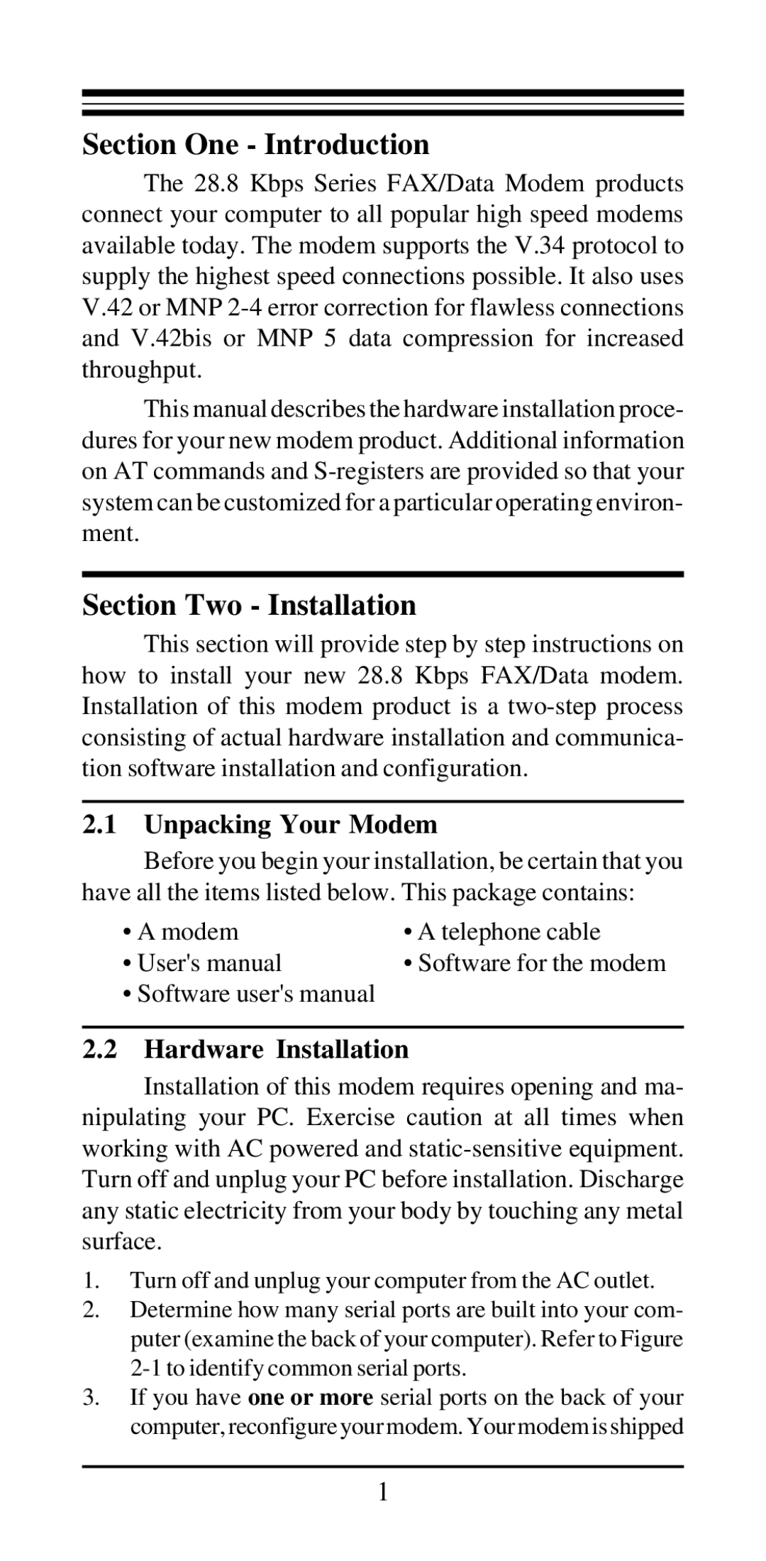 MaxTech 800, 28 user manual Section One Introduction, Section Two Installation, Unpacking Your Modem, Hardware Installation 