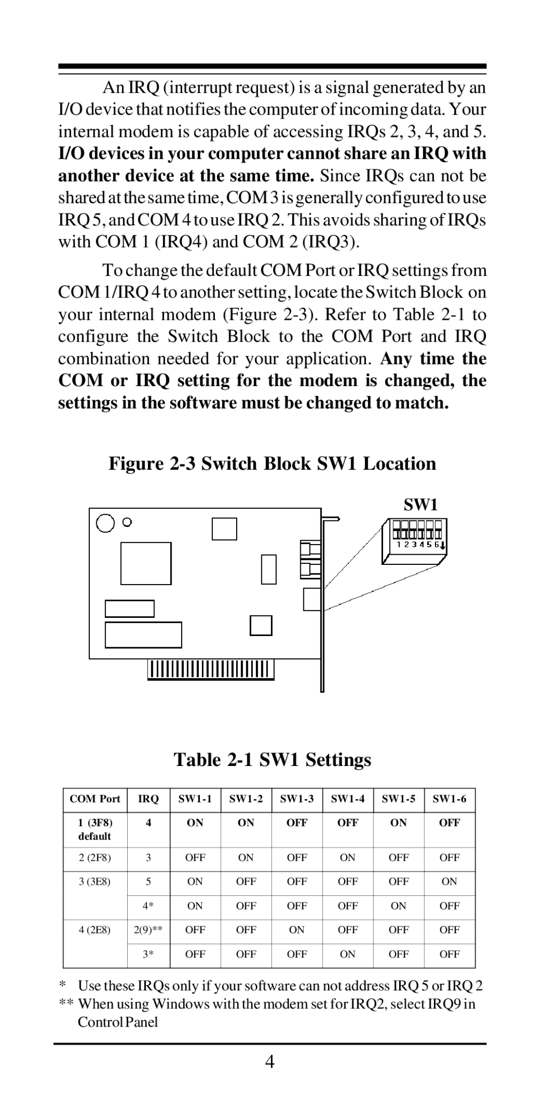 MaxTech 28, 800 user manual SW1 Settings, Devices in your computer cannot share an IRQ with 