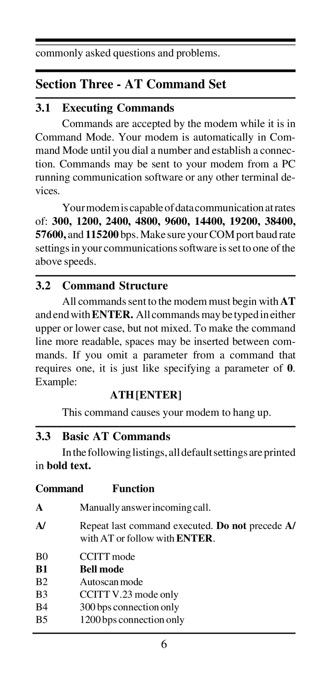 MaxTech 28, 800 user manual Executing Commands, Command Structure, Basic AT Commands, Bold text Command Function, Bell mode 