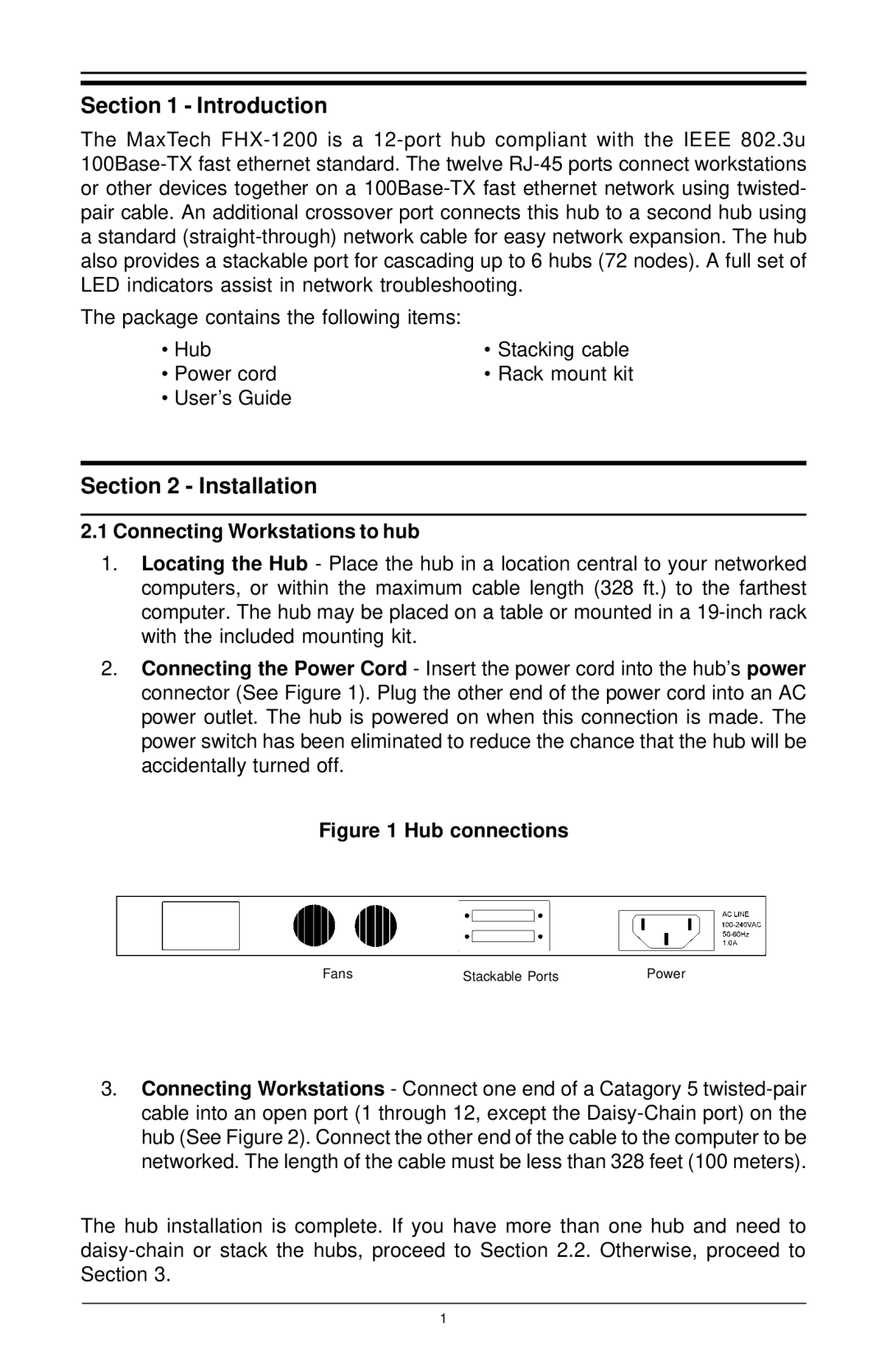 MaxTech FHX-1200 manual Introduction, Installation, Connecting Workstations to hub 