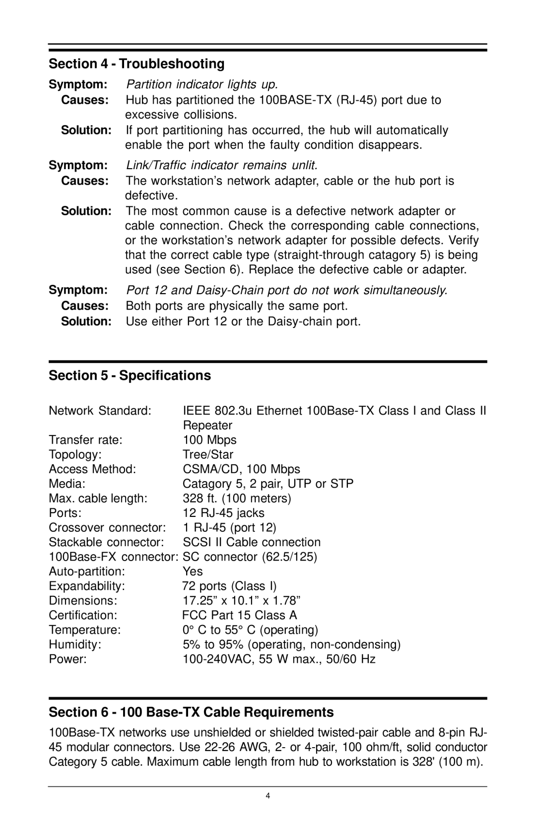 MaxTech FHX-1200 manual Troubleshooting, Specifications, Base-TX Cable Requirements 